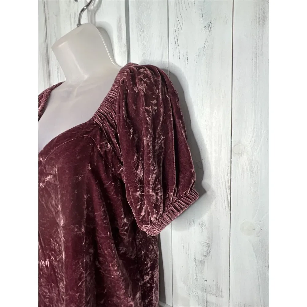 WOMENS‎ ANN TAYLOR LOFT PURPLE CRUSHED VELVET SHORT PUFF SLEEVE V-NECK TOP XS